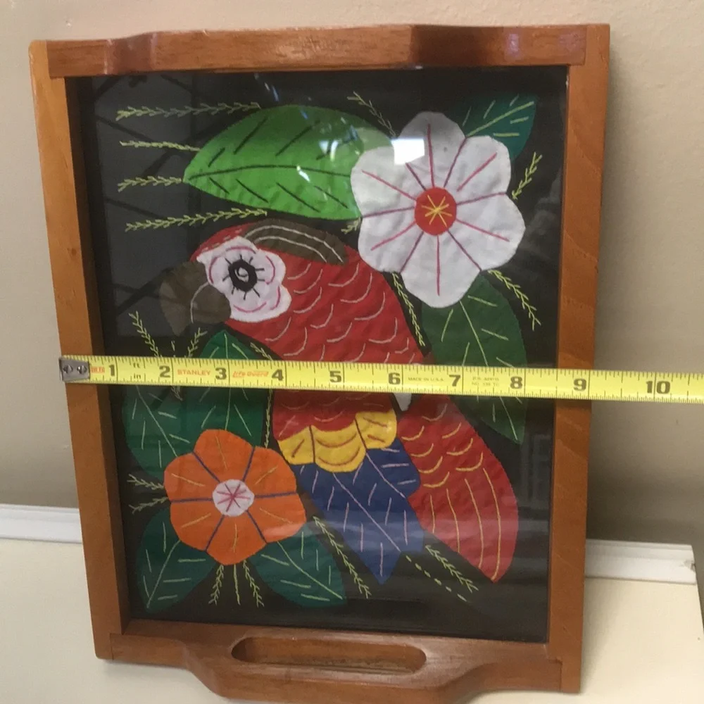 Vintage Wooden Tray w/ Mola Folk Art Parrot & Flowers Fabric Under Glass Surface